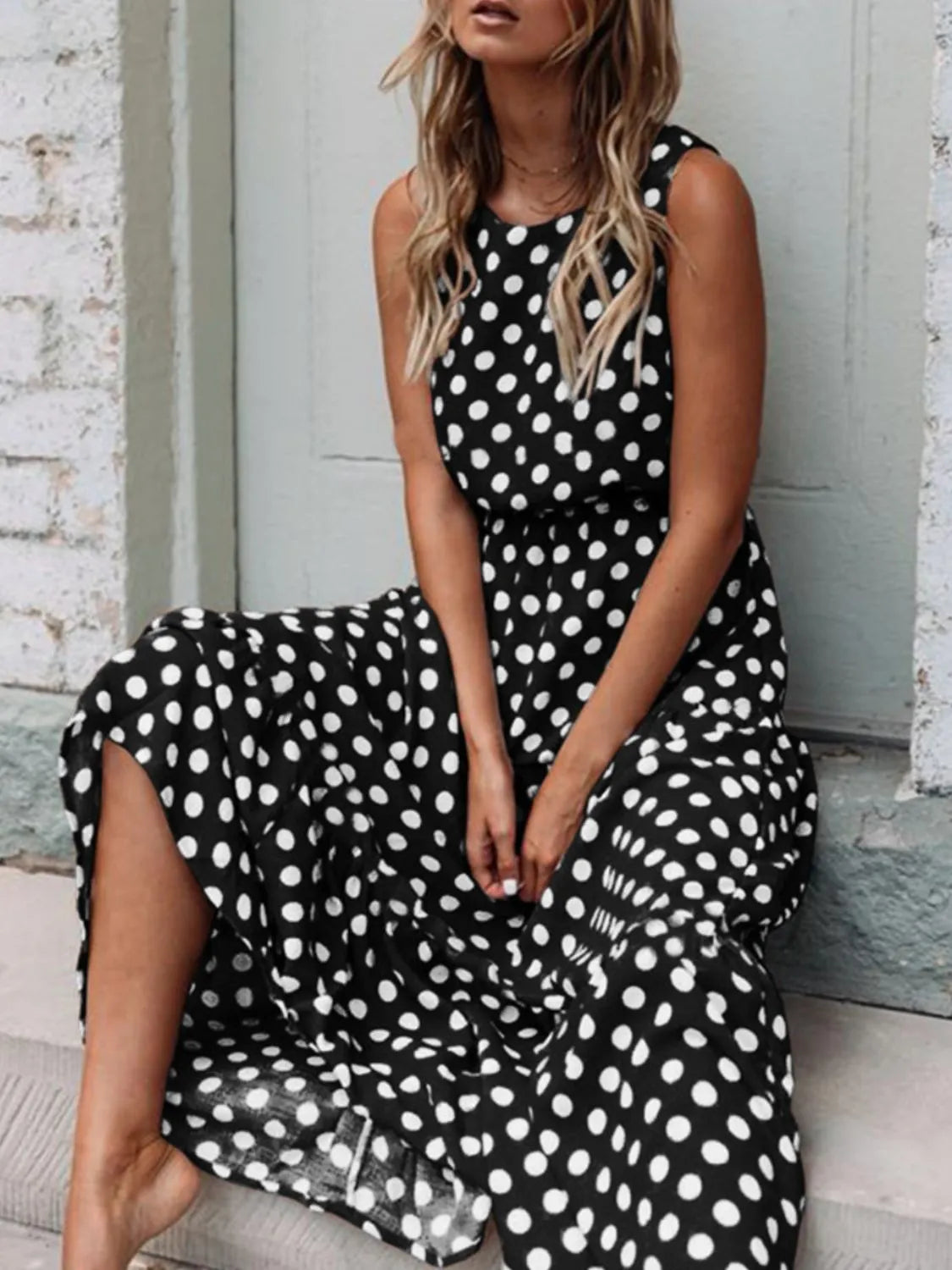 Polka Dot Round Neck Sleeveless Midi Dress - Codrington Expressions