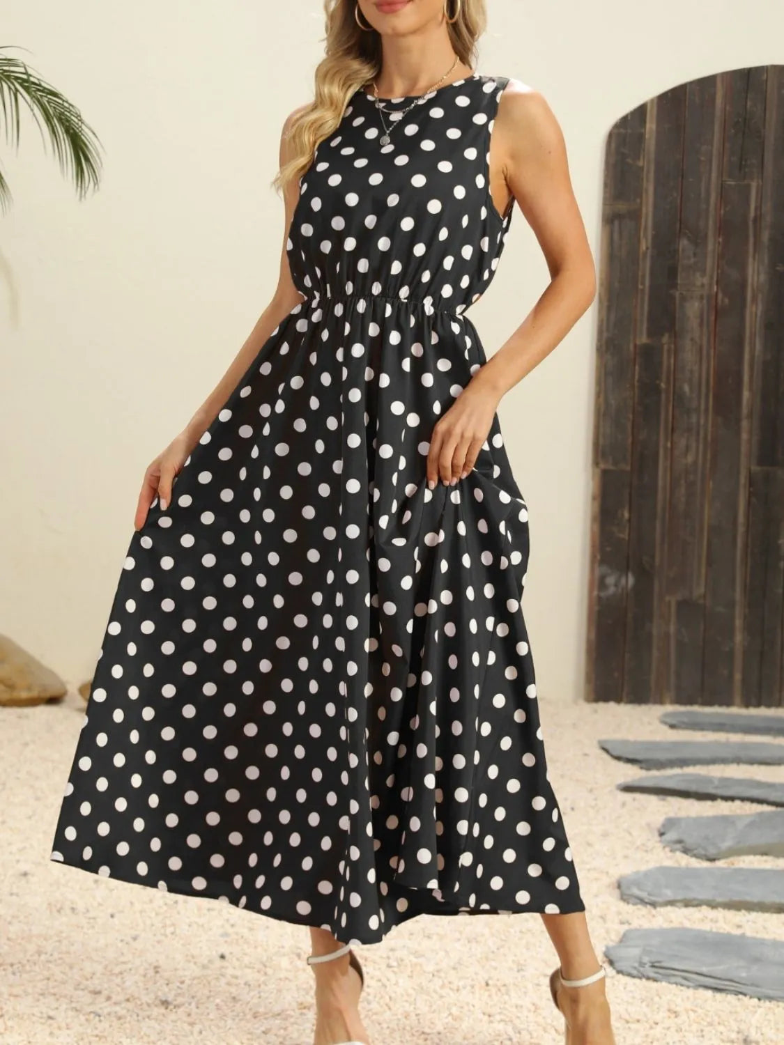 Polka Dot Round Neck Sleeveless Midi Dress - Codrington Expressions