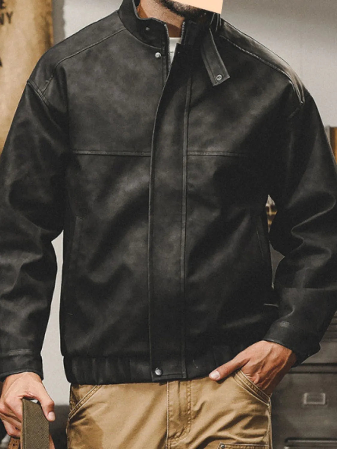 Men's Plus Size Zip Up Stand Collar Biker Jacket - Codrington Expressions