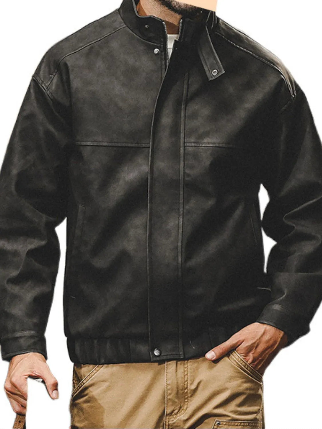 Men's Plus Size Zip Up Stand Collar Biker Jacket - Codrington Expressions
