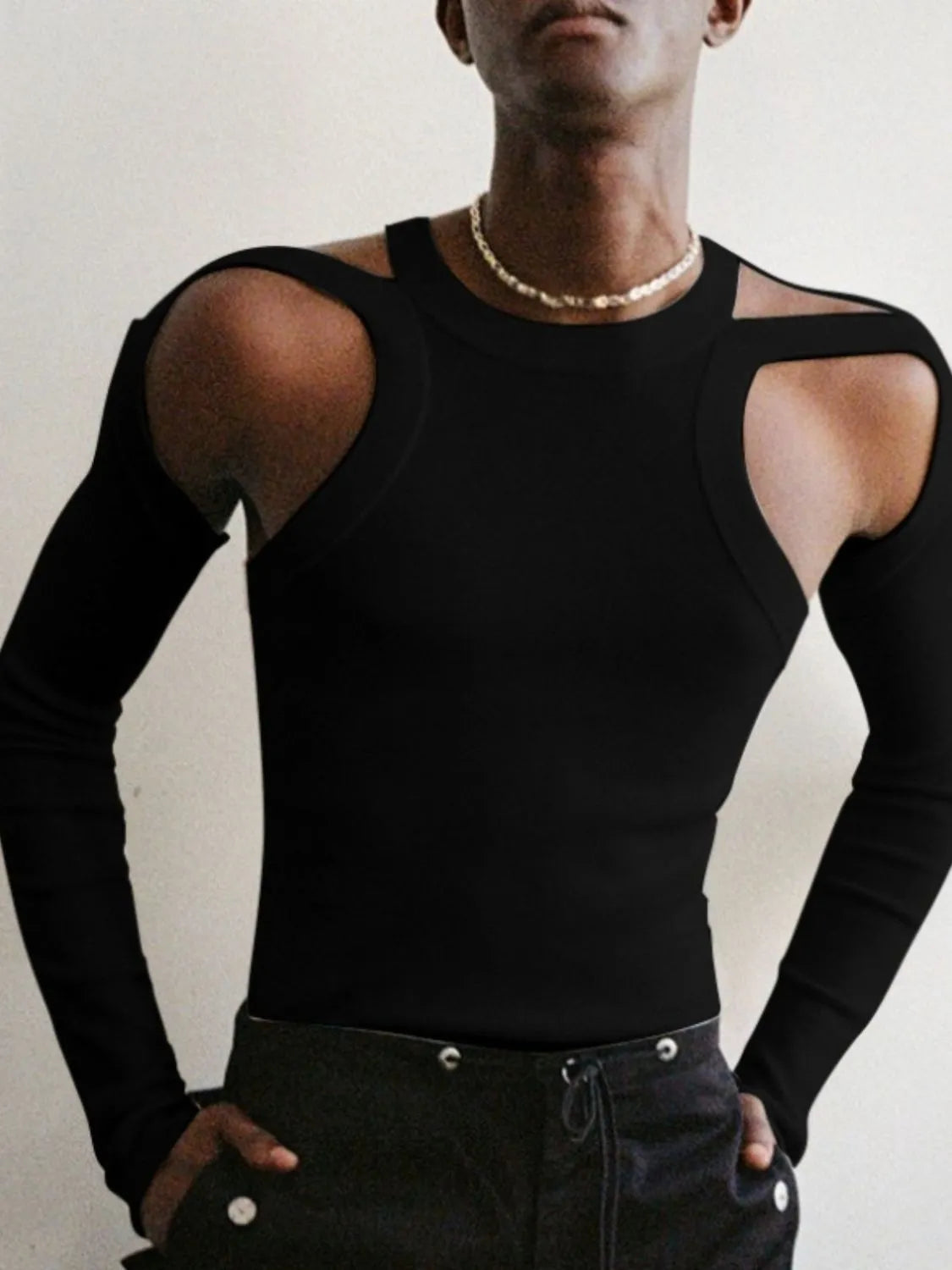 Men's Full Size Cutout Round Neck Long Sleeve Top Plus Size - Codrington Expressions