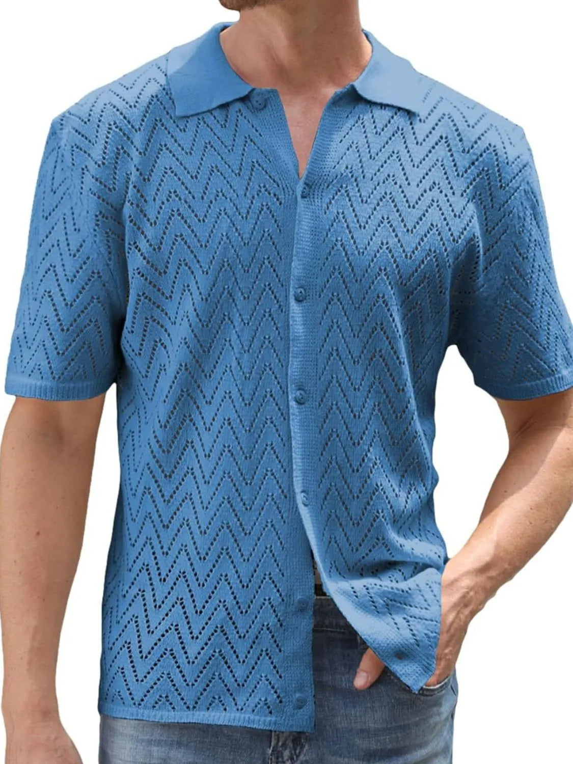 Men's Full Size Openwork Button Down Short Sleeve Shirt Plus Size - Codrington Expressions