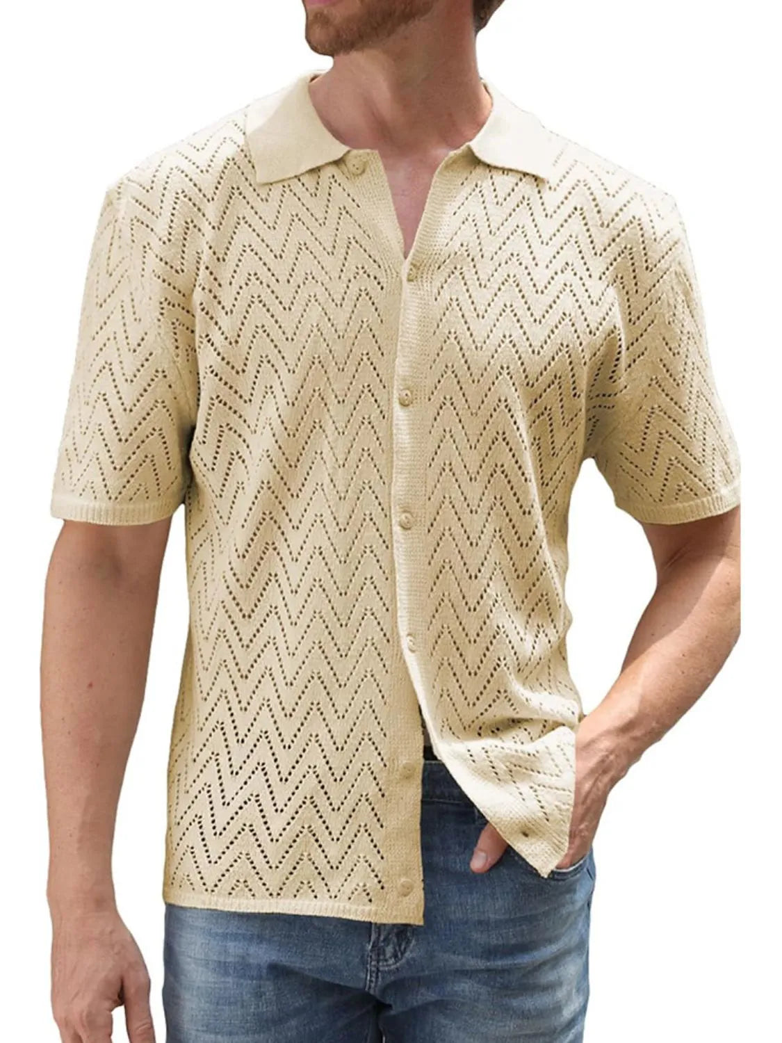 Men's Full Size Openwork Button Down Short Sleeve Shirt Plus Size - Codrington Expressions