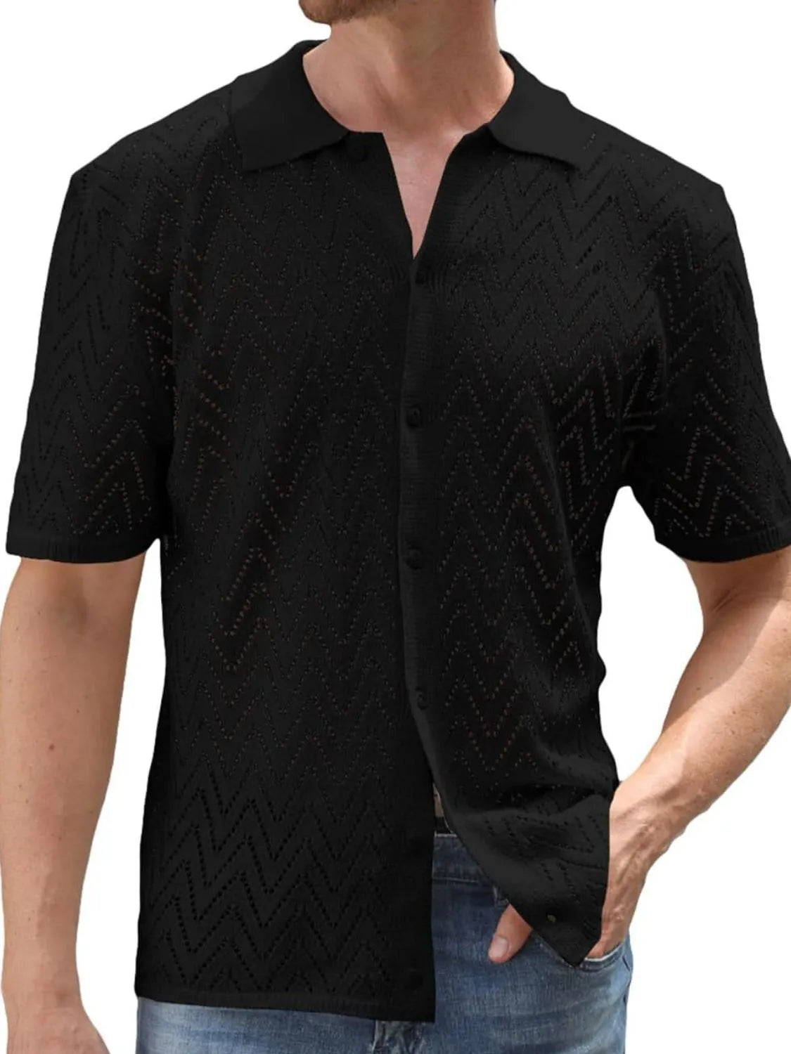 Men's Full Size Openwork Button Down Short Sleeve Shirt Plus Size - Codrington Expressions
