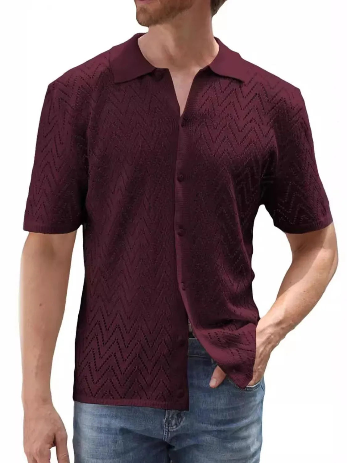 Men's Full Size Openwork Button Down Short Sleeve Shirt Plus Size - Codrington Expressions