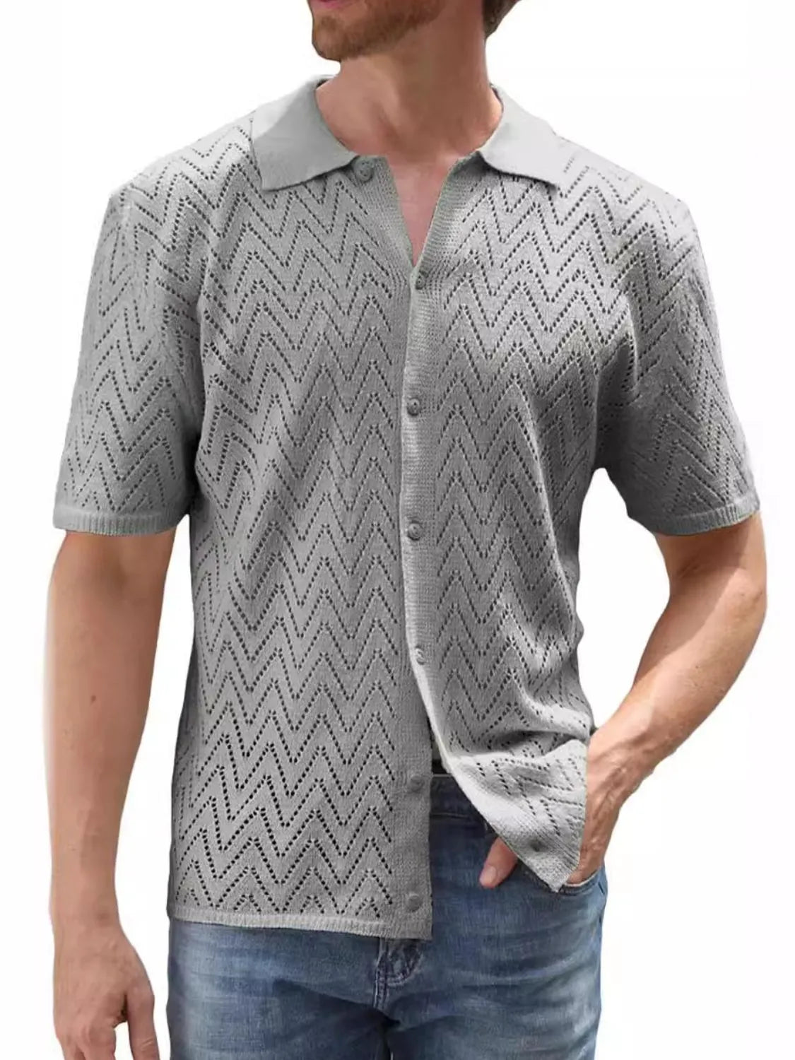 Men's Full Size Openwork Button Down Short Sleeve Shirt Plus Size - Codrington Expressions