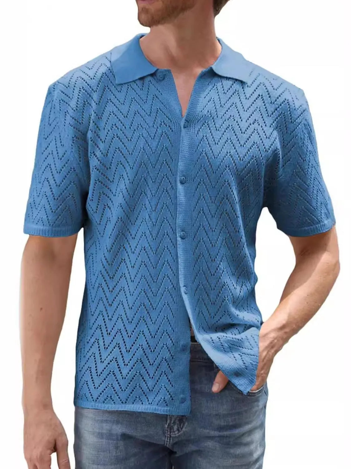 Men's Full Size Openwork Button Down Short Sleeve Shirt Plus Size - Codrington Expressions