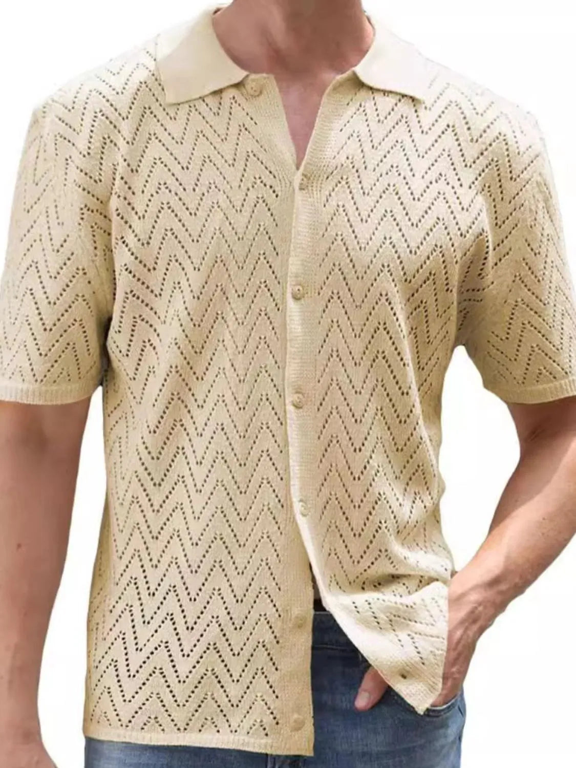 Men's Full Size Openwork Button Down Short Sleeve Shirt Plus Size - Codrington Expressions