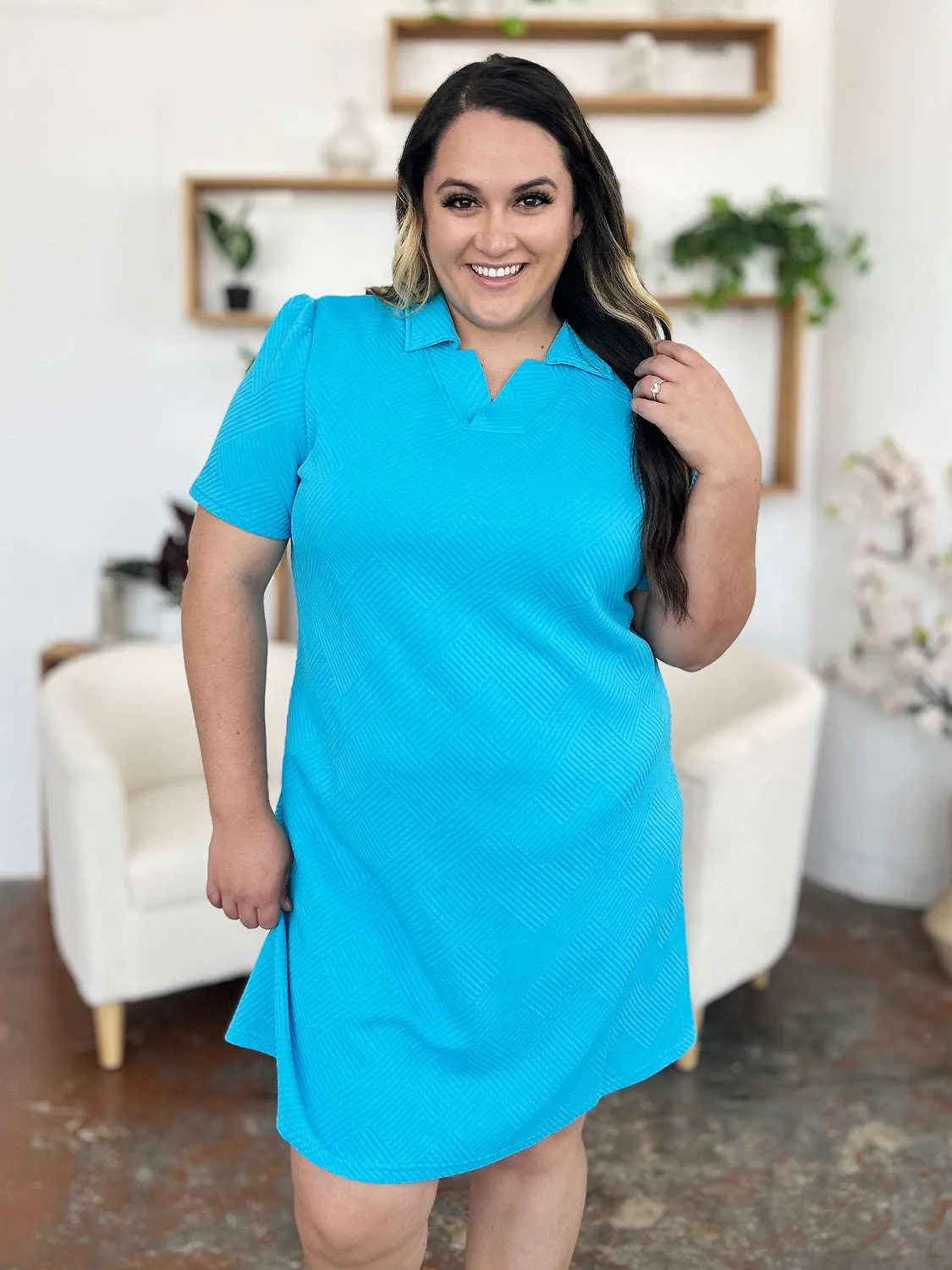 Double Take Full Size Texture Collared Neck Short Sleeve Dress - Codrington Expressions