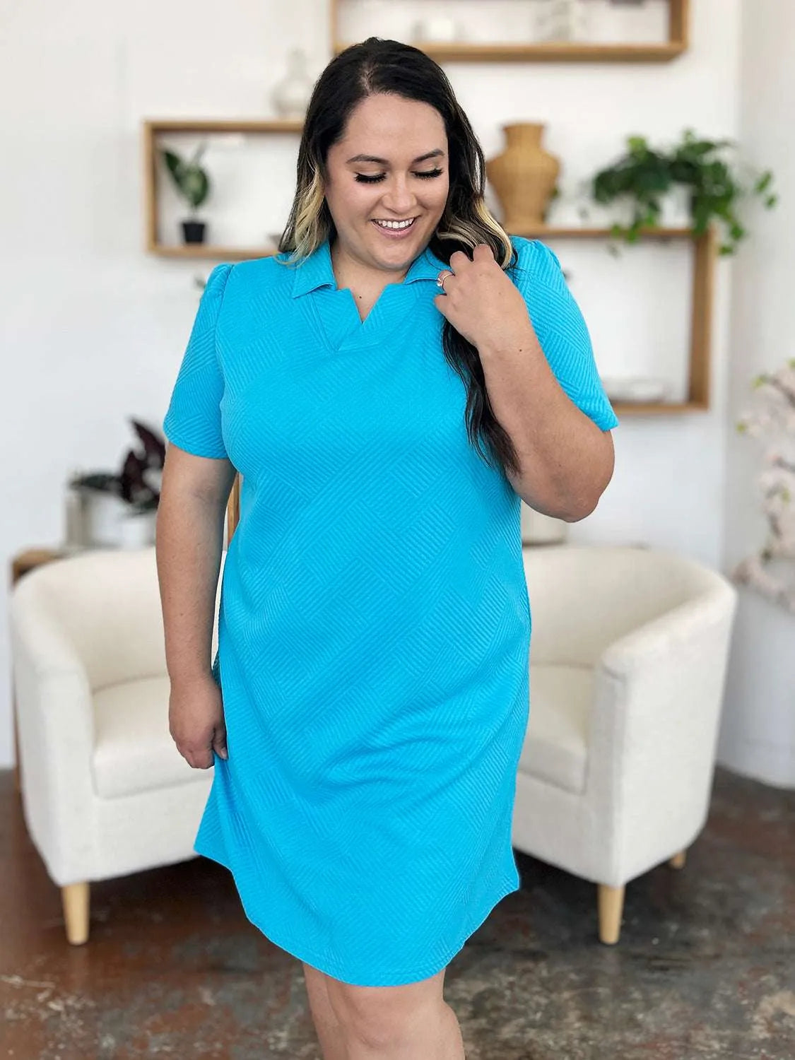 Double Take Full Size Texture Collared Neck Short Sleeve Dress - Codrington Expressions