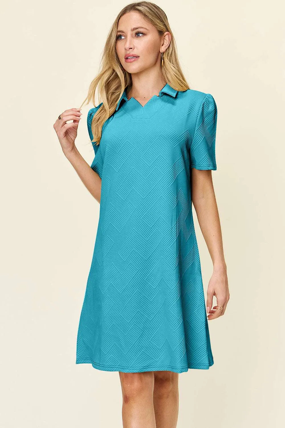 Double Take Full Size Texture Collared Neck Short Sleeve Dress - Codrington Expressions