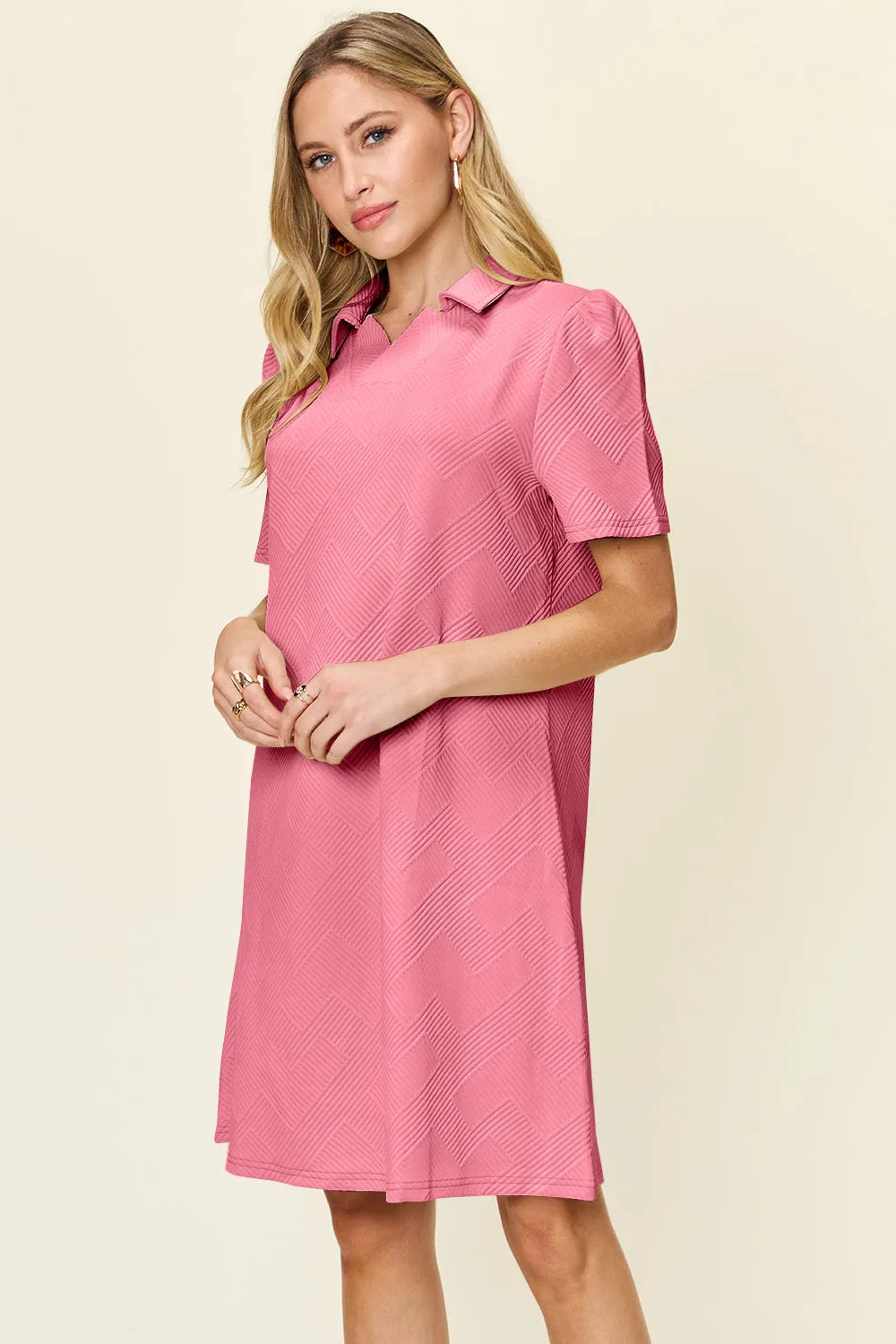 Double Take Full Size Texture Collared Neck Short Sleeve Dress - Codrington Expressions