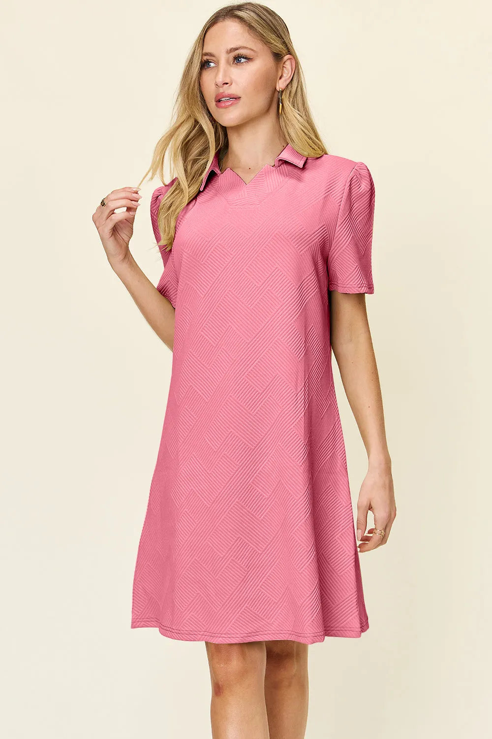 Double Take Full Size Texture Collared Neck Short Sleeve Dress - Codrington Expressions