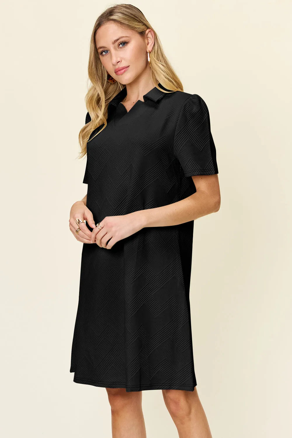 Double Take Full Size Texture Collared Neck Short Sleeve Dress - Codrington Expressions