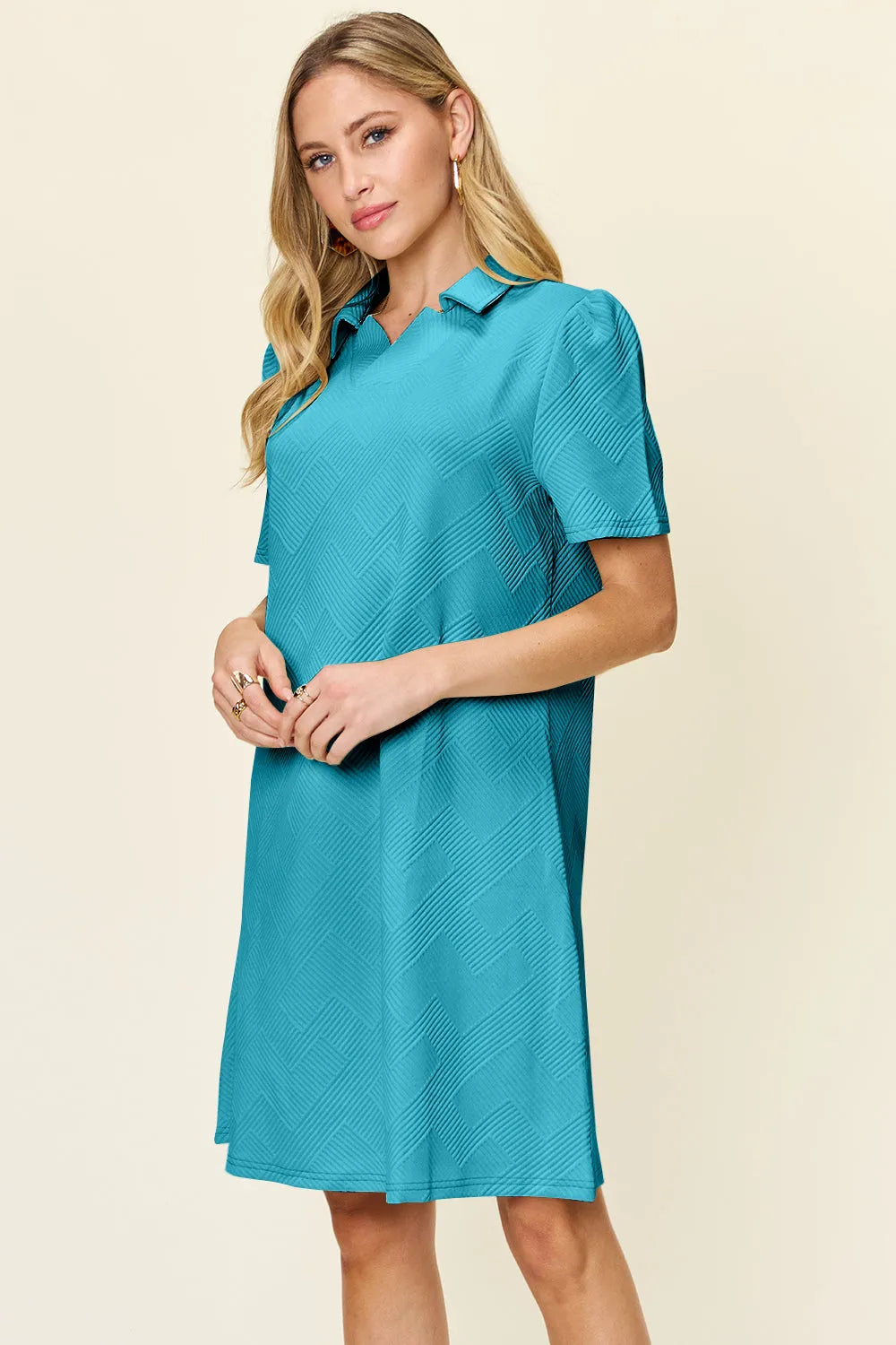 Double Take Full Size Texture Collared Neck Short Sleeve Dress - Codrington Expressions