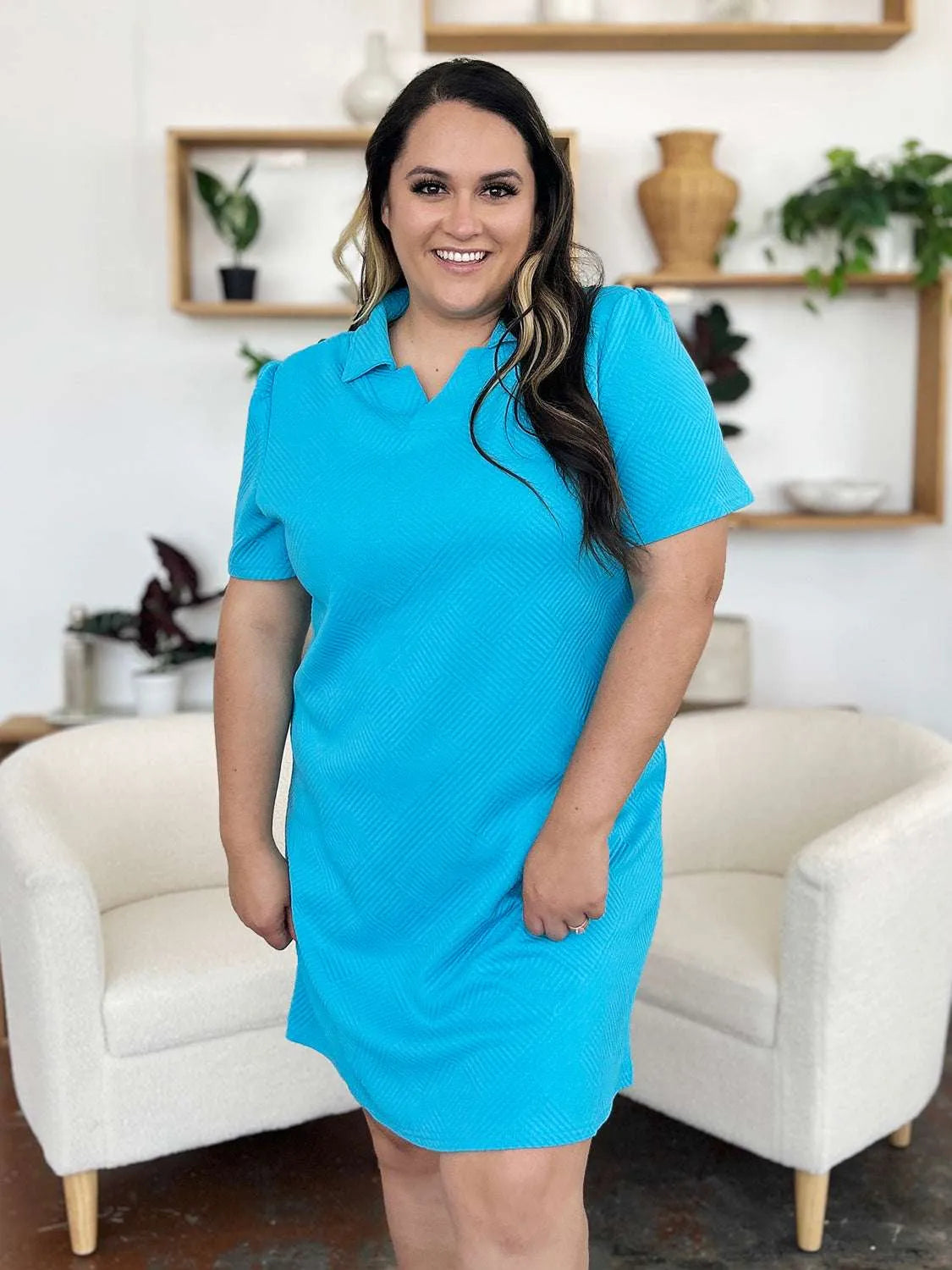 Double Take Full Size Texture Collared Neck Short Sleeve Dress - Codrington Expressions