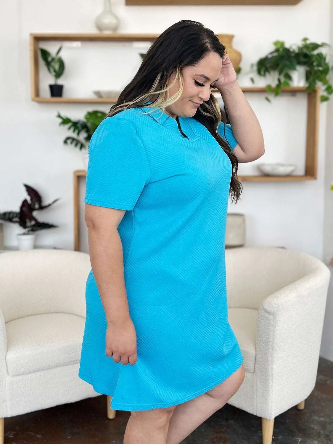 Double Take Full Size Texture Collared Neck Short Sleeve Dress - Codrington Expressions