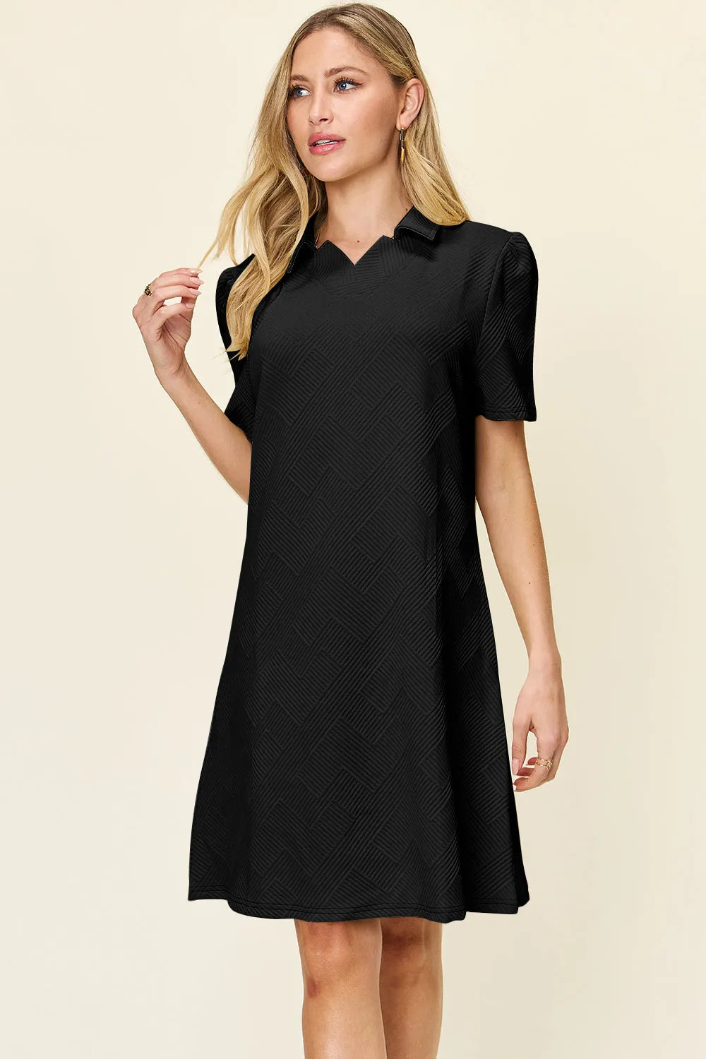 Double Take Full Size Texture Collared Neck Short Sleeve Dress - Codrington Expressions