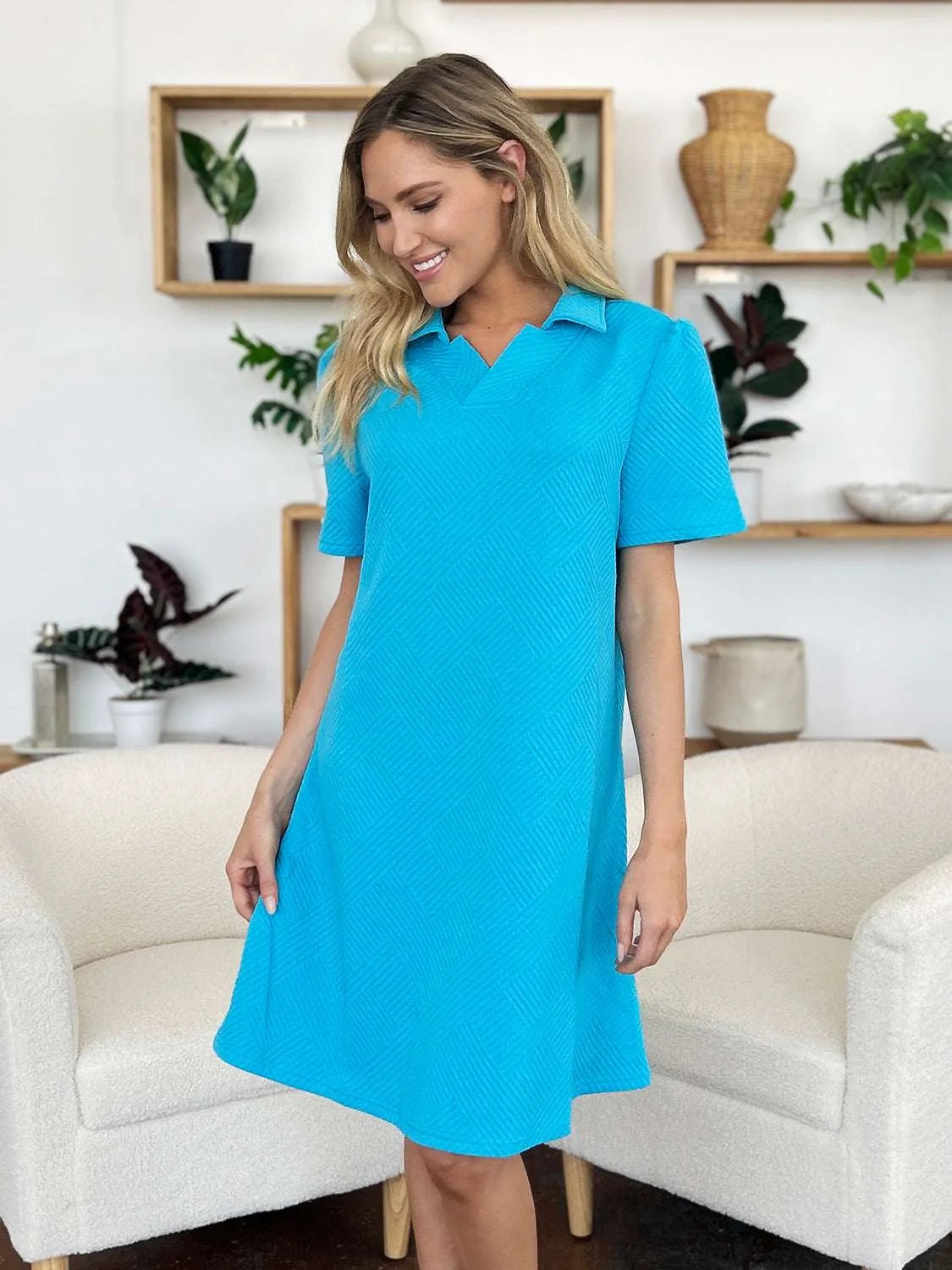 Double Take Full Size Texture Collared Neck Short Sleeve Dress - Codrington Expressions