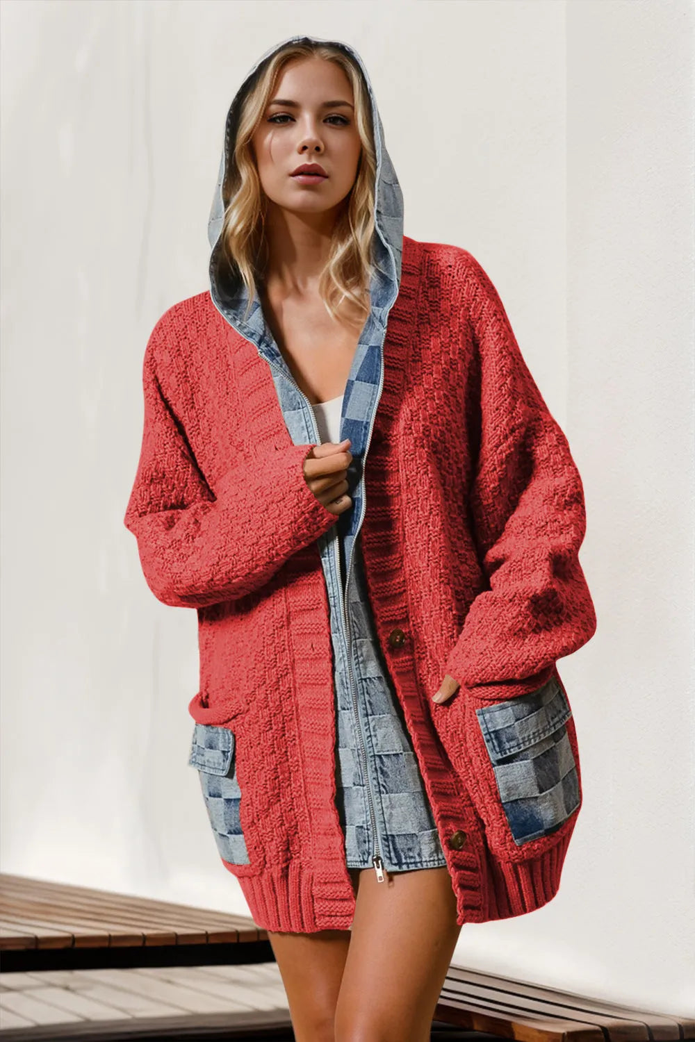 Double Take Full Size Hooded Denim Spliced Sweater Cardigan - Codrington Expressions