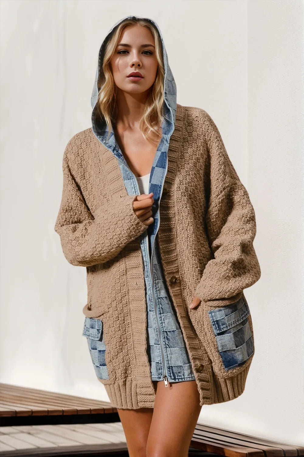 Double Take Full Size Hooded Denim Spliced Sweater Cardigan - Codrington Expressions