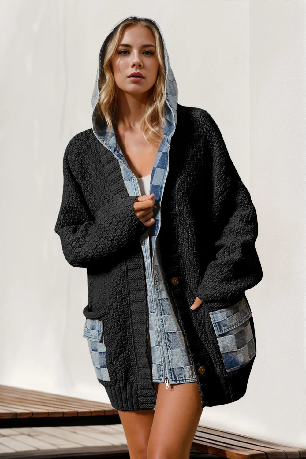 Double Take Full Size Hooded Denim Spliced Sweater Cardigan - Codrington Expressions