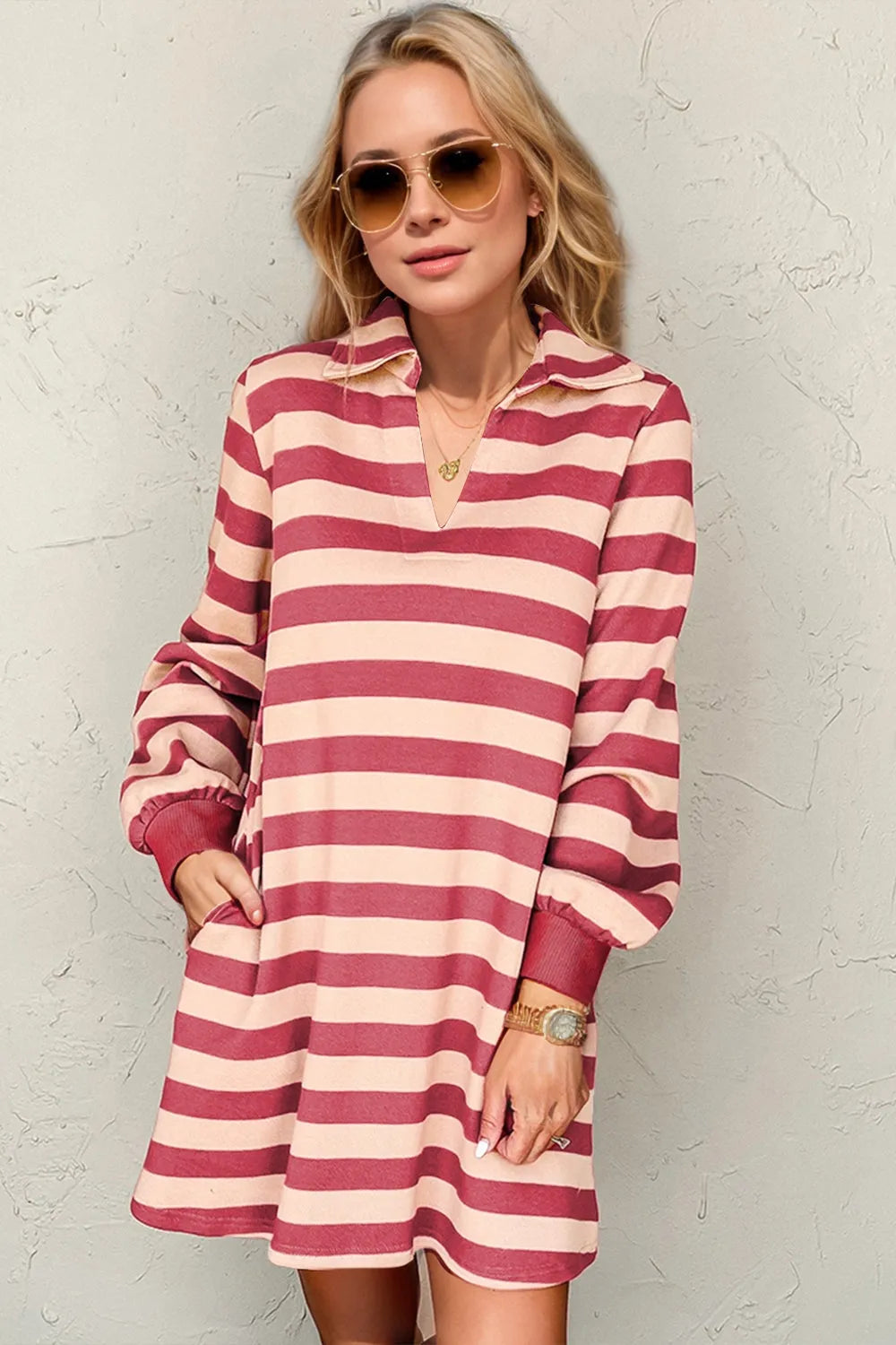 Double Take Full Size Striped Contrast Collared Neck Long Sleeve Dress - Codrington Expressions