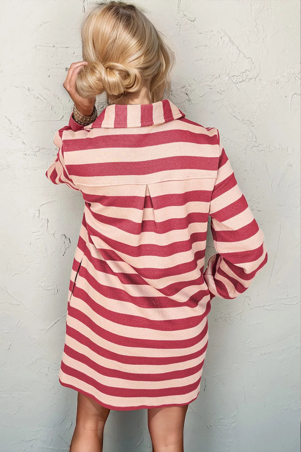 Double Take Full Size Striped Contrast Collared Neck Long Sleeve Dress - Codrington Expressions