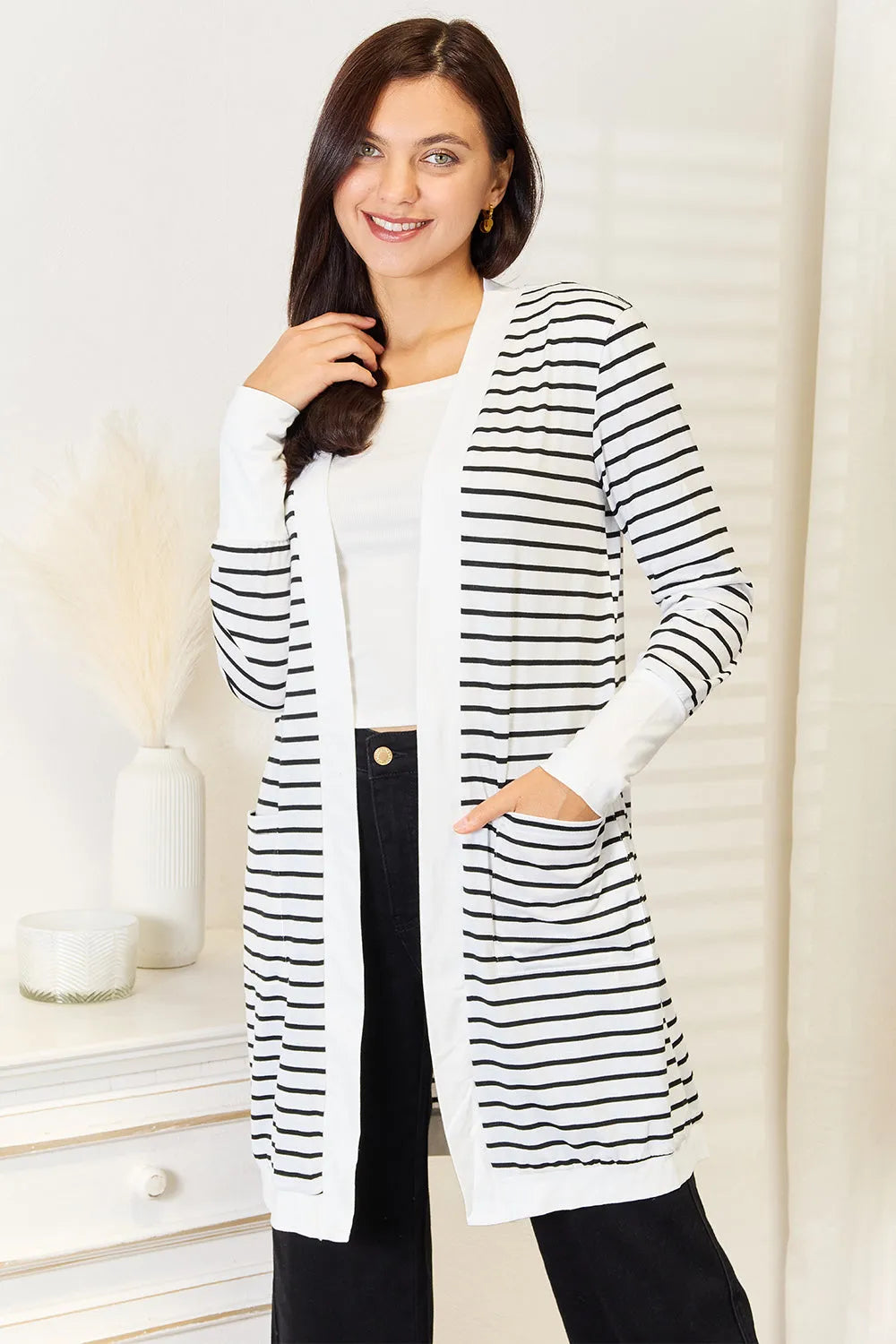 Double Take Striped Open Front Longline Cardigan - Codrington Expressions