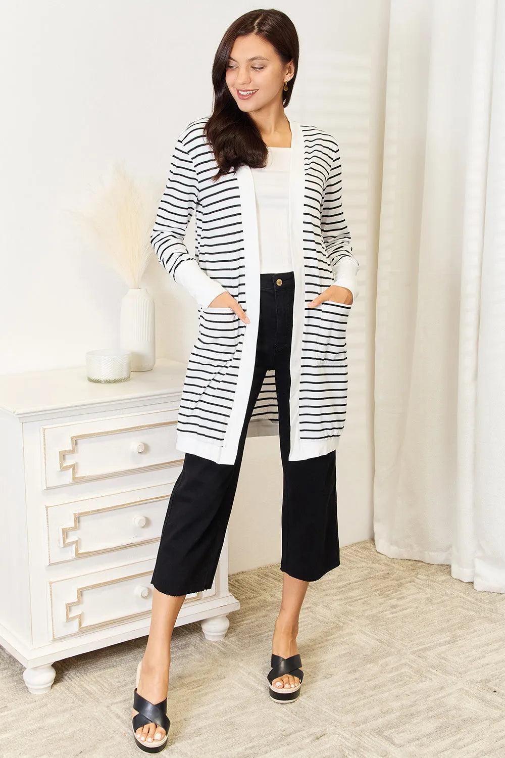 Double Take Striped Open Front Longline Cardigan - Codrington Expressions