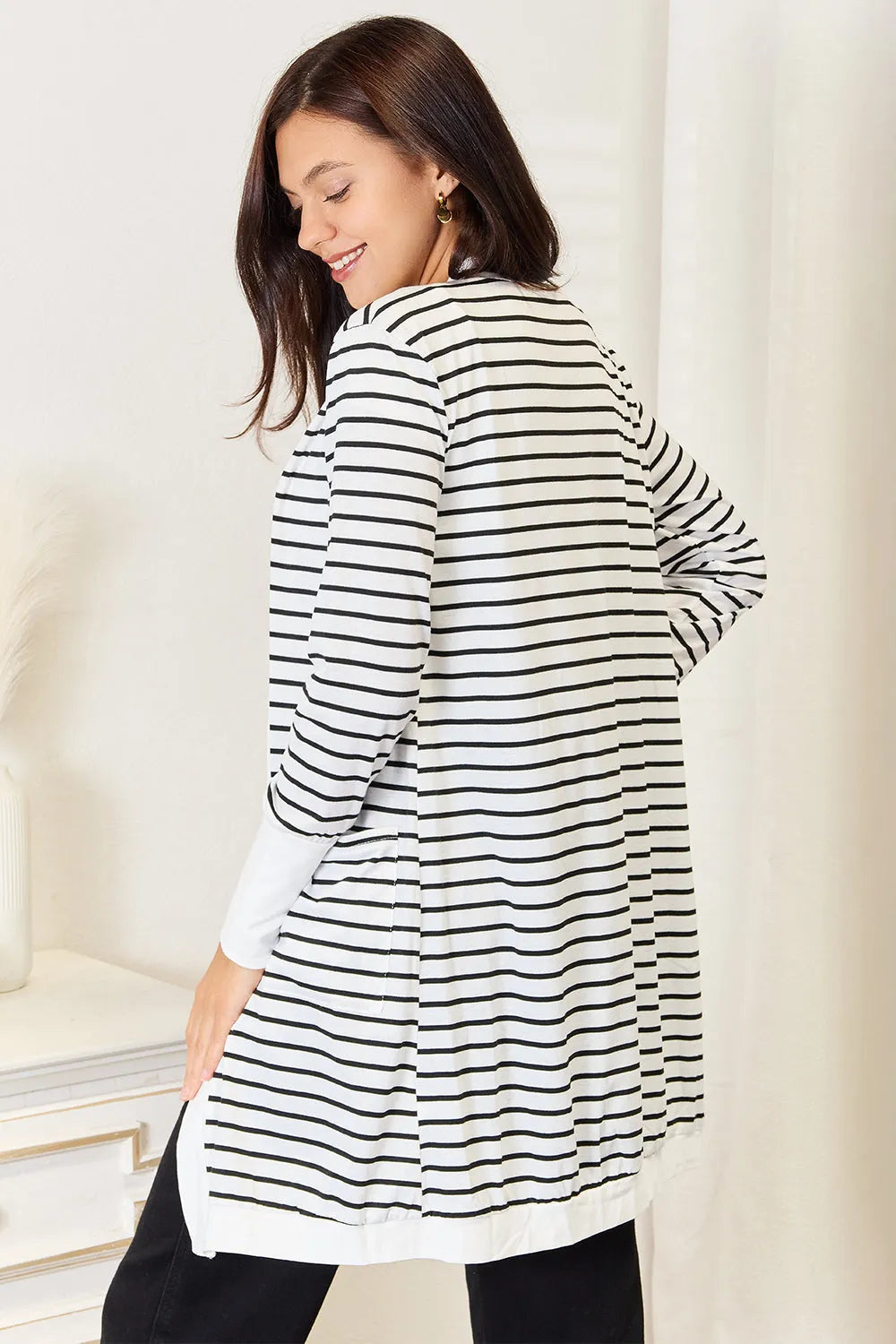Double Take Striped Open Front Longline Cardigan - Codrington Expressions