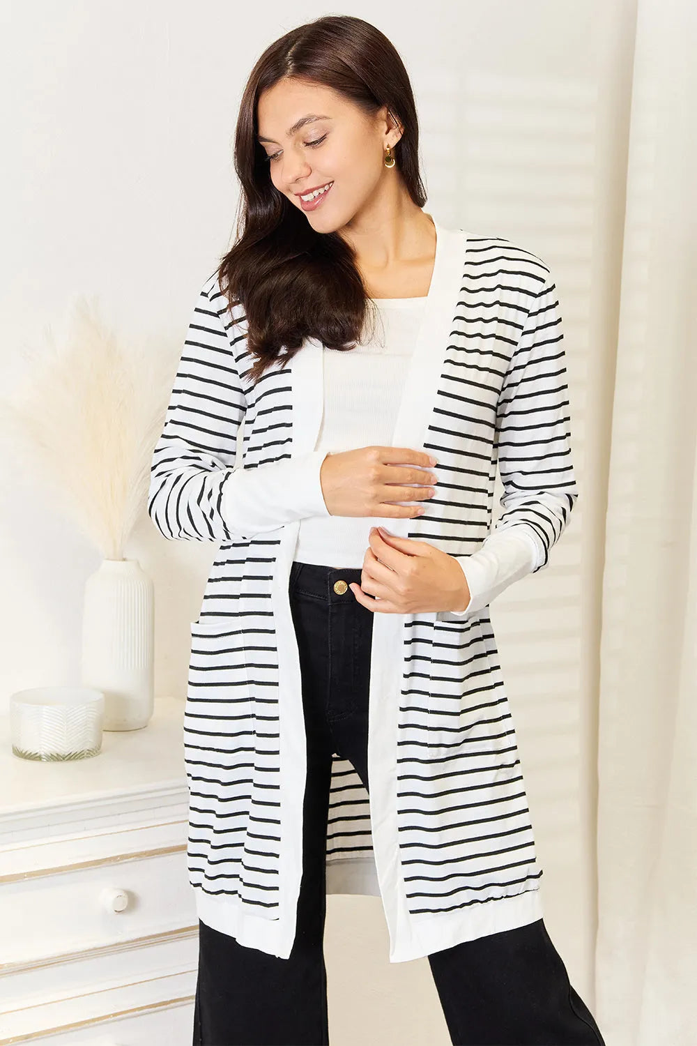 Double Take Striped Open Front Longline Cardigan - Codrington Expressions