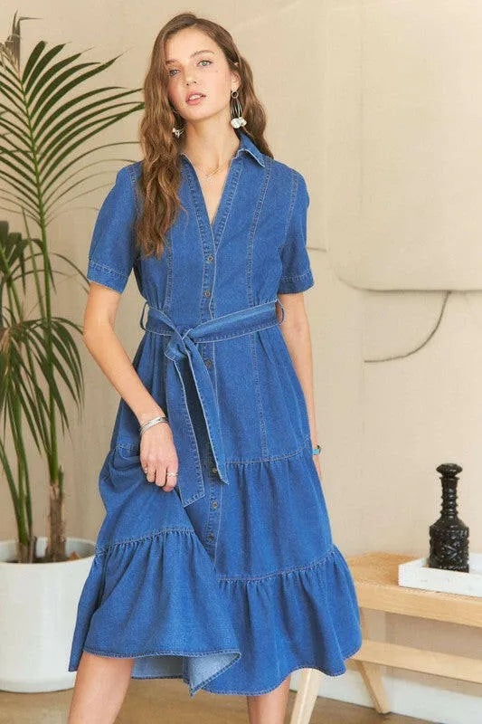 ADORA Tiered Button Down Tie Waist Short Sleeve Denim Dress - Codrington Expressions