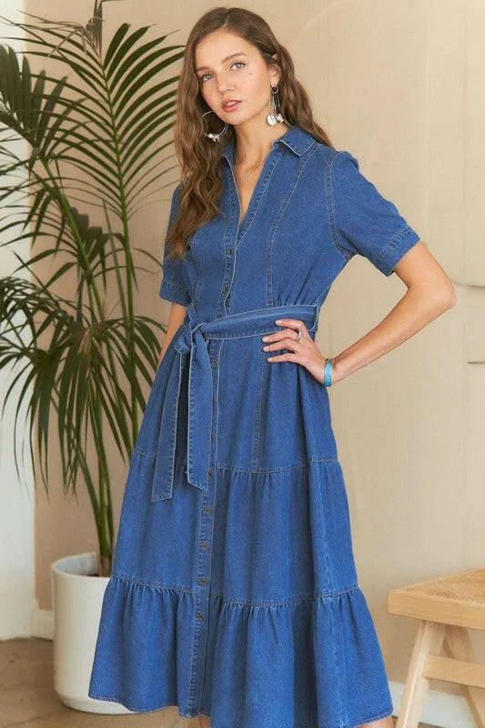 ADORA Tiered Button Down Tie Waist Short Sleeve Denim Dress - Codrington Expressions