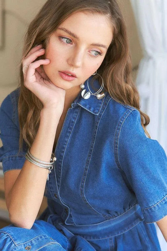 ADORA Tiered Button Down Tie Waist Short Sleeve Denim Dress - Codrington Expressions