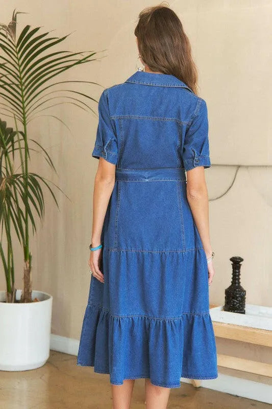 ADORA Tiered Button Down Tie Waist Short Sleeve Denim Dress - Codrington Expressions