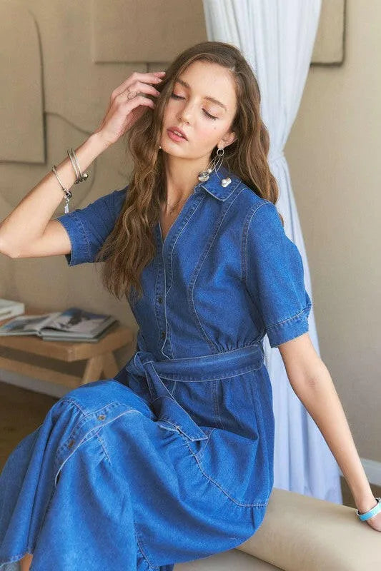 ADORA Tiered Button Down Tie Waist Short Sleeve Denim Dress - Codrington Expressions