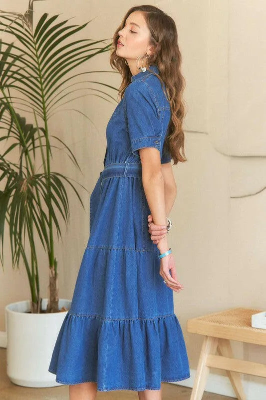 ADORA Tiered Button Down Tie Waist Short Sleeve Denim Dress - Codrington Expressions
