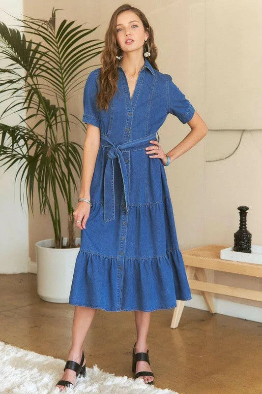 ADORA Tiered Button Down Tie Waist Short Sleeve Denim Dress - Codrington Expressions