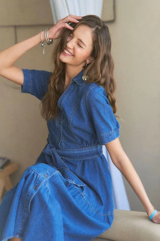 ADORA Tiered Button Down Tie Waist Short Sleeve Denim Dress - Codrington Expressions