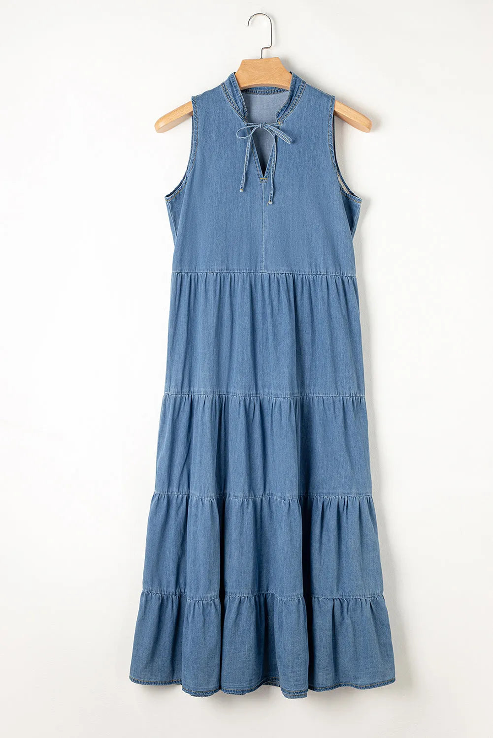 Tie Neck Tiered Maxi Denim Dress - Codrington Expressions