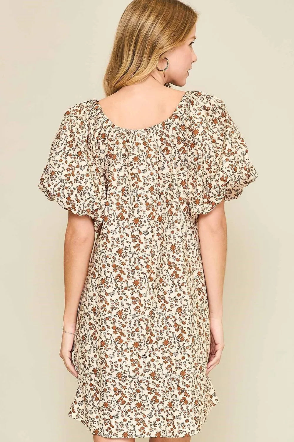 Umgee Full Size Lace Tape Drawstring Floral Puff Sleeve Mini Dress Plus Size - Codrington Expressions