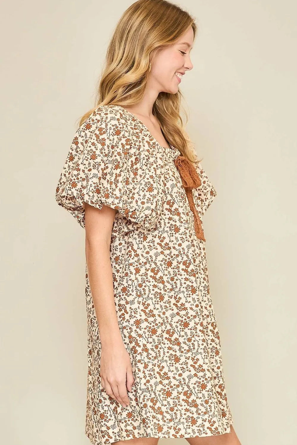 Umgee Full Size Lace Tape Drawstring Floral Puff Sleeve Mini Dress Plus Size - Codrington Expressions