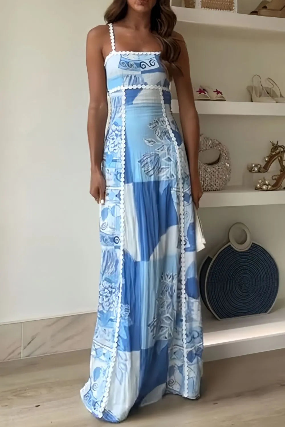 Cutout Back Printed Square Neck Maxi Dress - Codrington Expressions