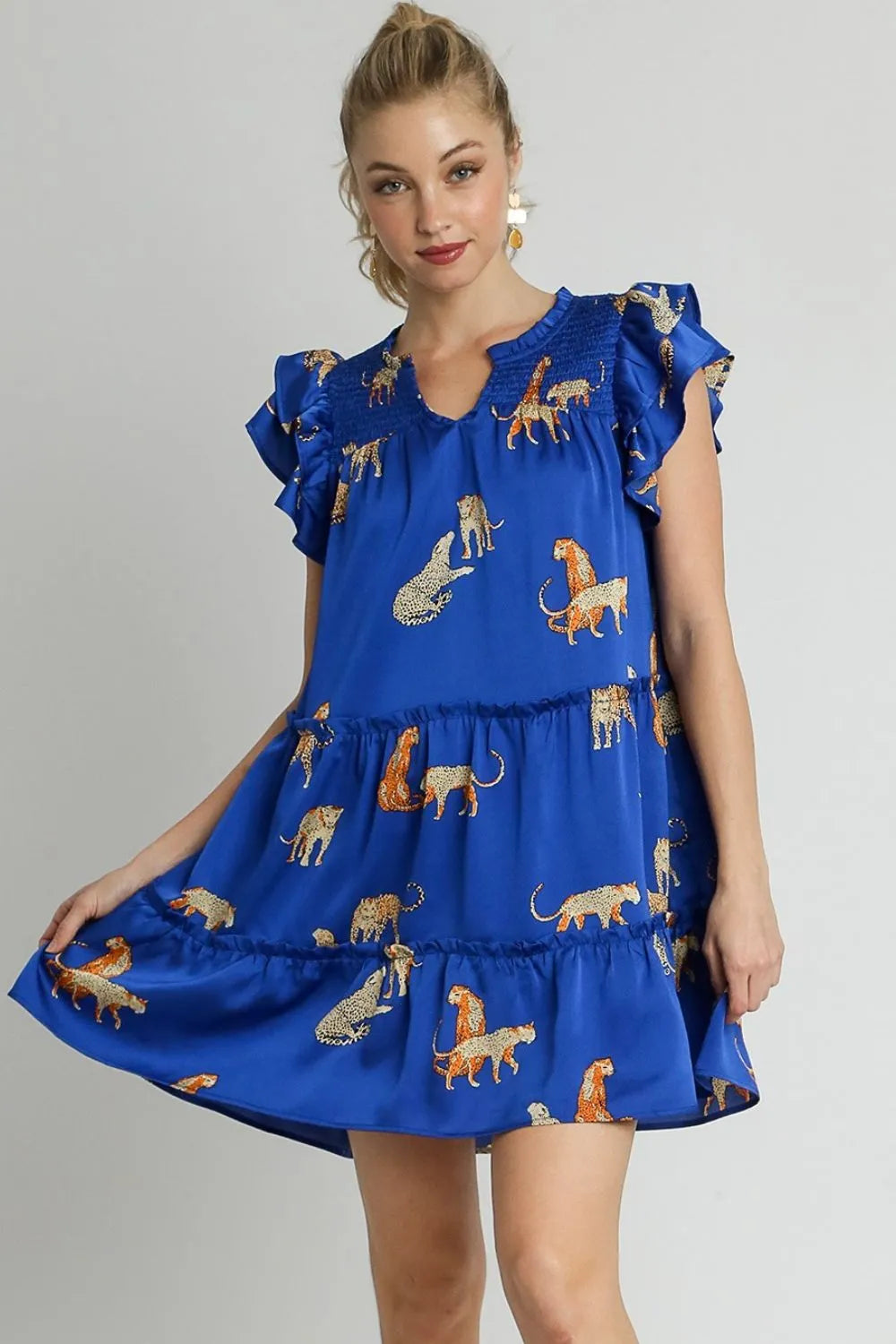 Umgee Full Size Cheetah Print Notched Ruffle Layered Cap Sleeve Mini Dress Plus Size - Codrington Expressions