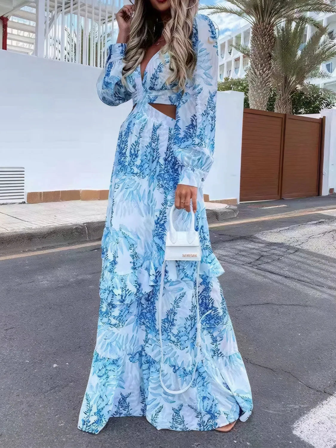 Ruffled Printed Cutout Plunge Maxi Dress - Codrington Expressions