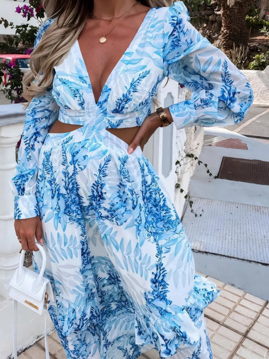 Ruffled Printed Cutout Plunge Maxi Dress - Codrington Expressions