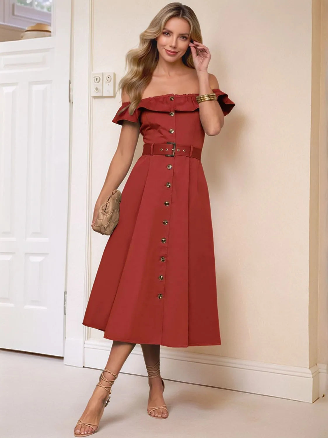 Ruffled Off-Shoulder Midi Dress - Codrington Expressions