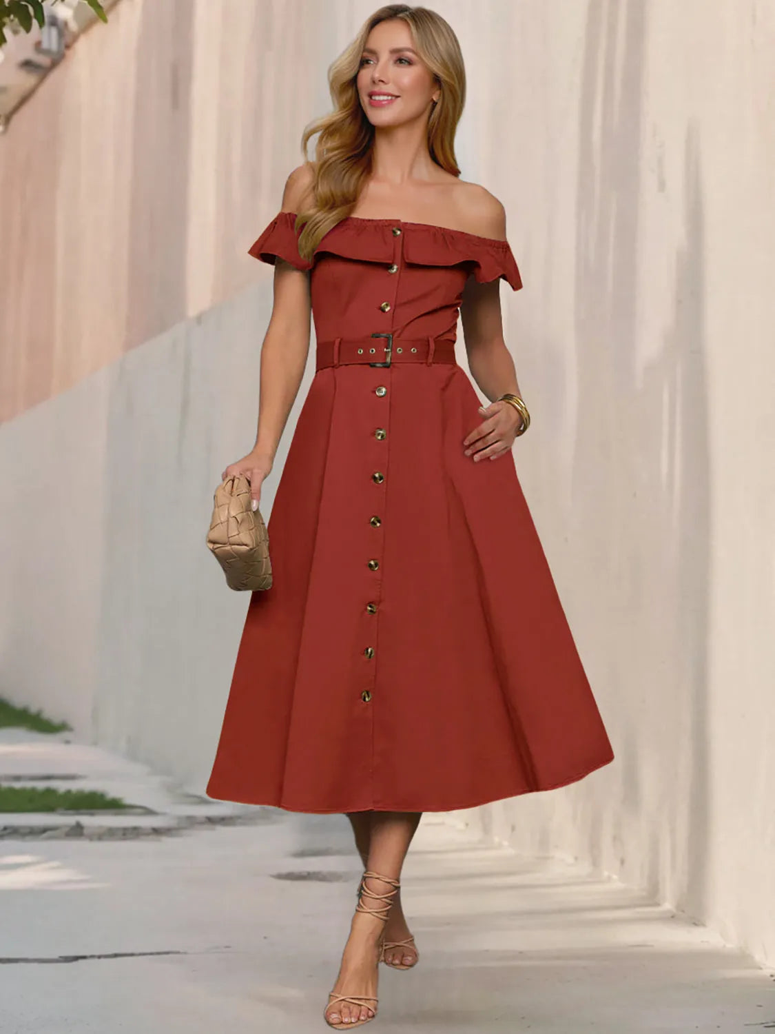 Ruffled Off-Shoulder Midi Dress - Codrington Expressions