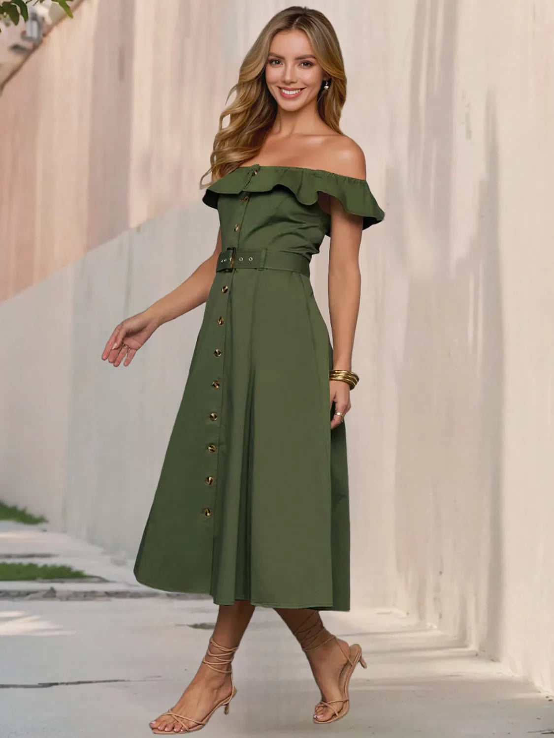 Ruffled Off-Shoulder Midi Dress - Codrington Expressions